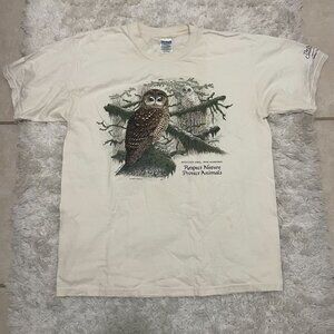 VINTAGE GILDAN Activewear Ultra Cotton Mens Large White Cream Nature Graphic Tsh